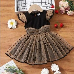 Patpat Polka Dot Mesh Flutter-Sleeve Girl Dress, Brown, Size 5-6Y